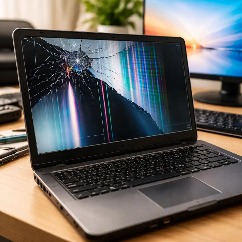 Cracked laptop screen with visible display damage while connected to an external monitor on a desk.