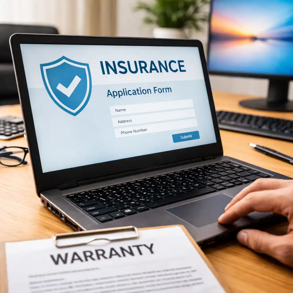 Laptop on a desk with repair documents and warranty paperwork, representing laptop protection and repair decisions.