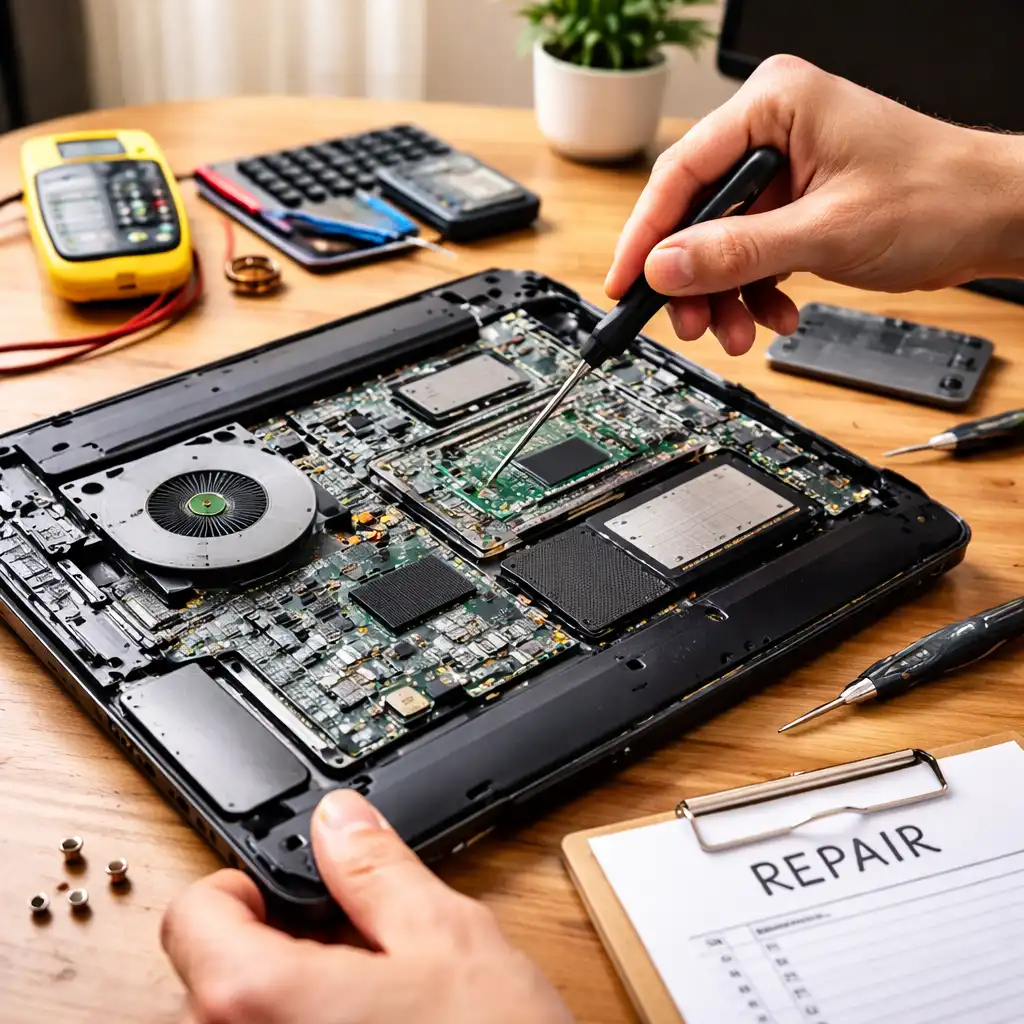 Open older laptop with internal components exposed during a repair process on a desk with tools nearby.