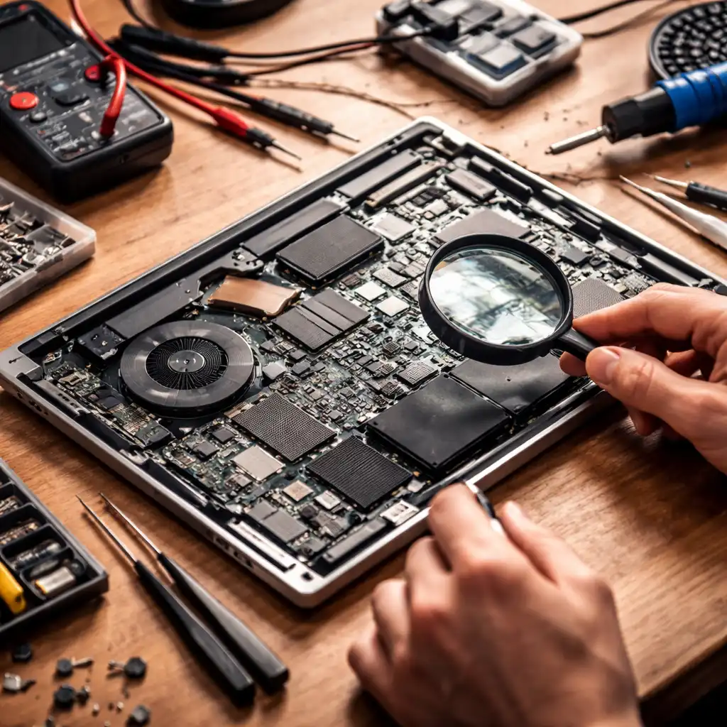 Technician inspecting an open laptop with exposed internal components, tools, and motherboard during repair.