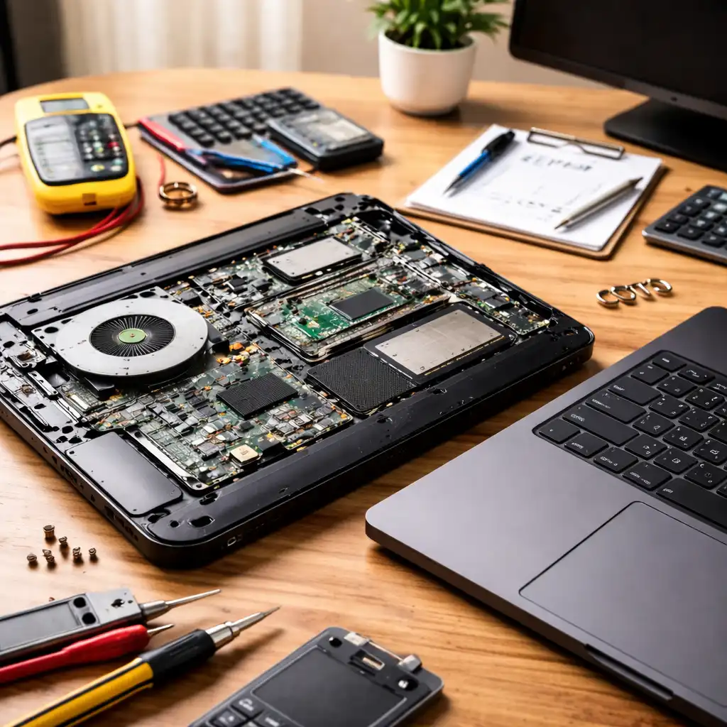 Open laptop with internal components exposed next to a newer laptop on a desk, illustrating a repair versus replacement decision.