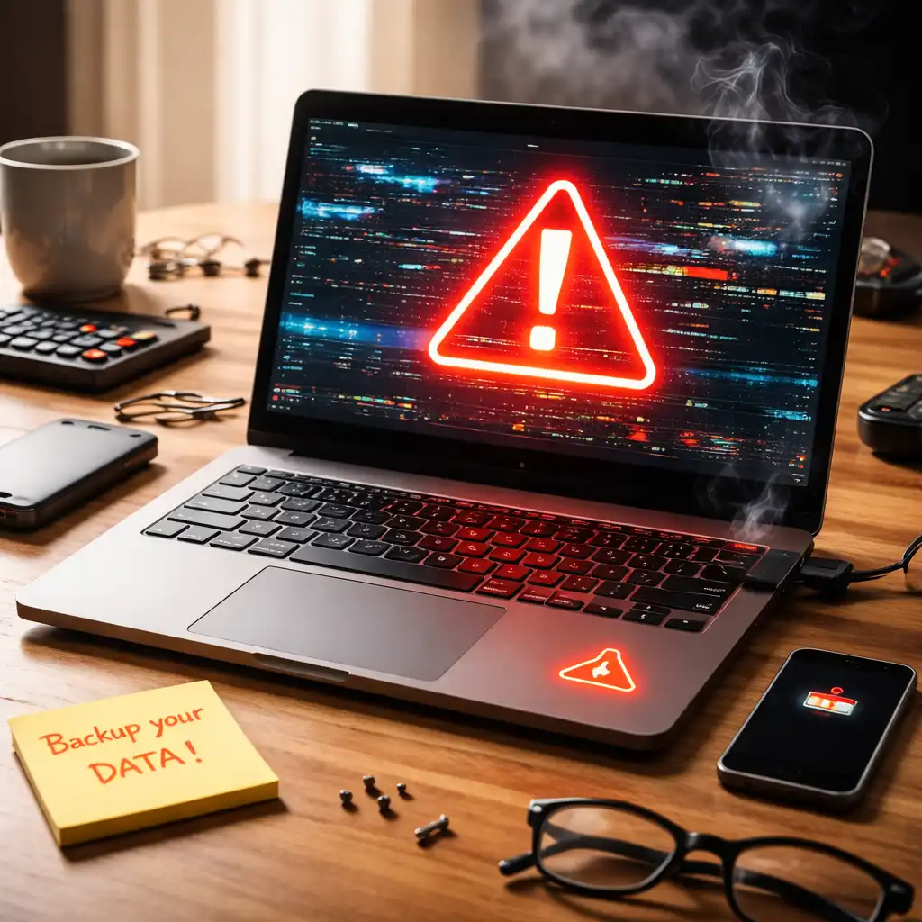 An older laptop on a desk displaying warning symbols and visual glitches, representing signs of an impending laptop failure.
