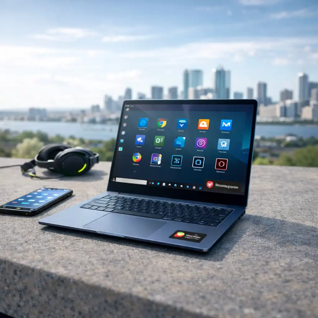 Snapdragon-powered laptop displaying app icons on a desk with a city skyline and water in the background.