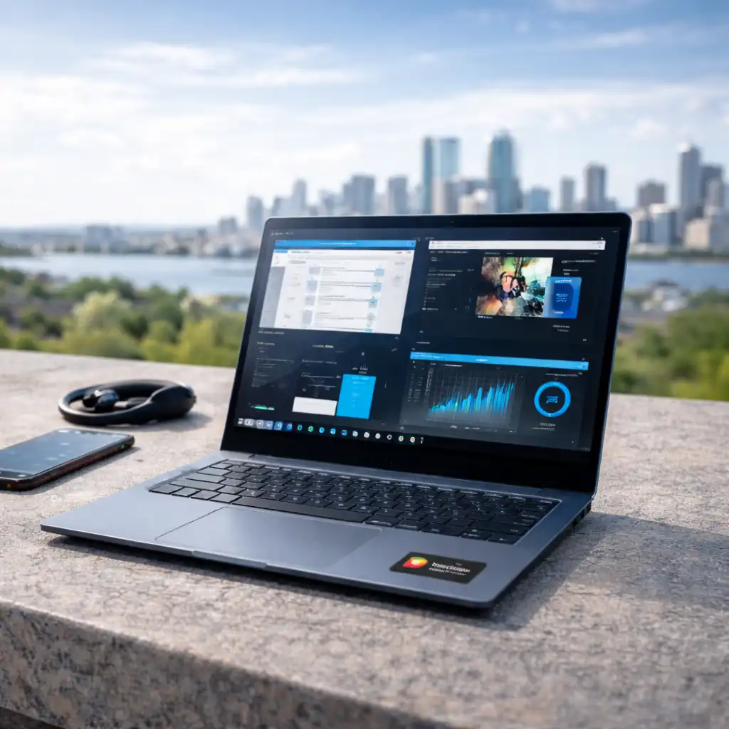 Snapdragon-powered laptop displaying productivity apps on an outdoor table with a city skyline and waterfront in the background.