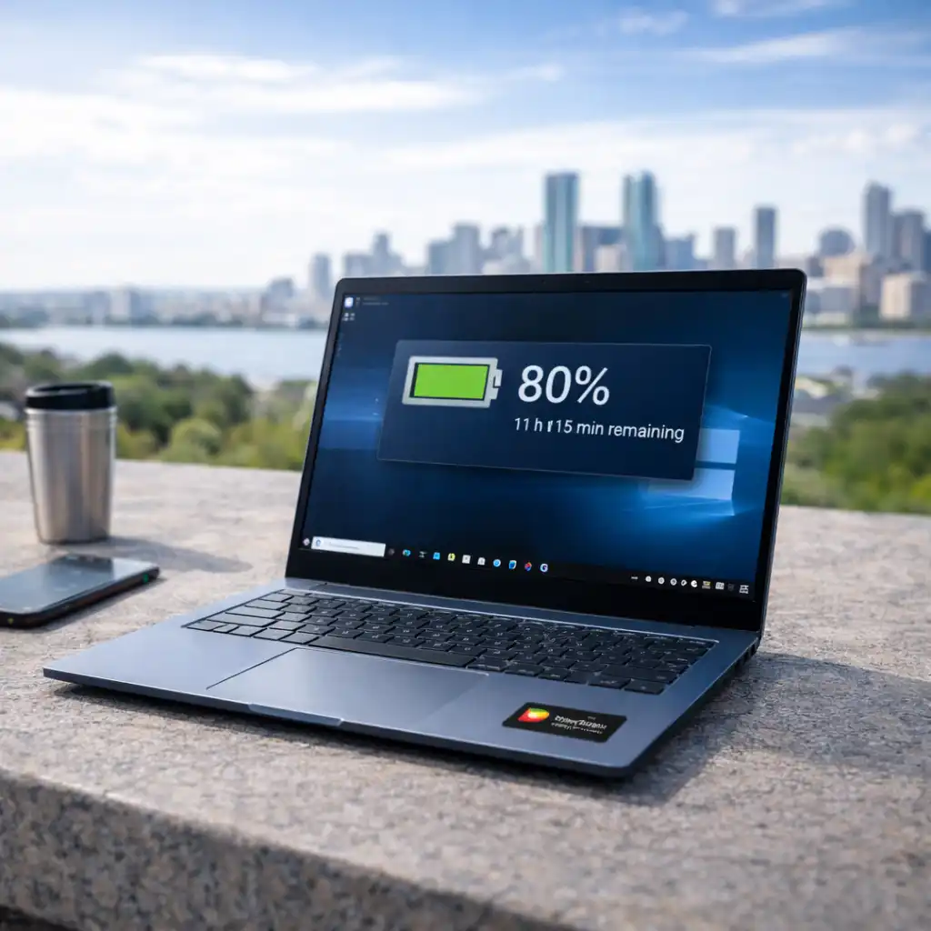 Snapdragon-powered laptop showing battery status on screen with a city skyline in the background.