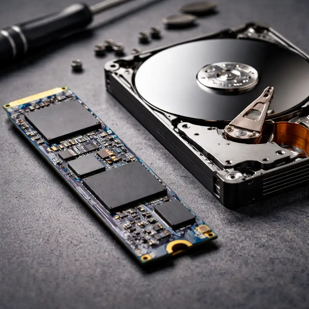 Solid state drive and open hard disk drive placed side by side on a desk showing internal components and flash memory chips.