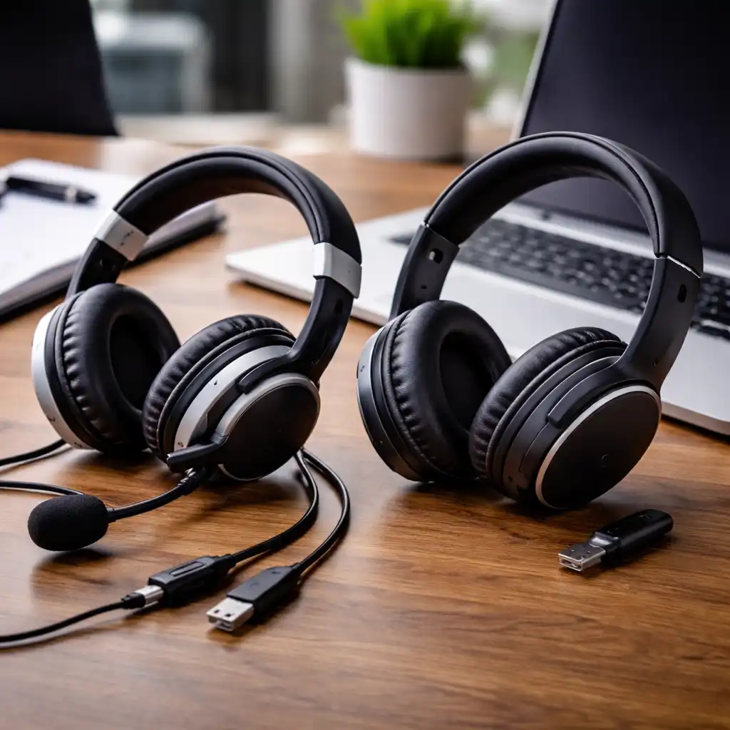 Wired and wireless over-ear laptop headsets placed on a wooden desk beside a silver laptop and USB dongle.