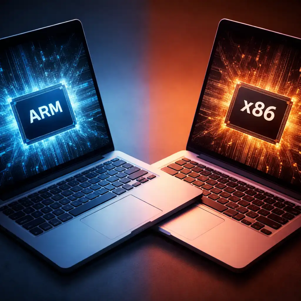 Arm vs x86 laptop processors comparison concept showing two laptops with glowing CPU chips representing different processor architectures.