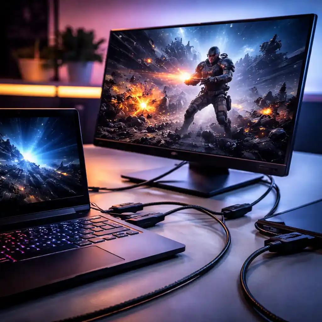 Laptop connected to gaming monitor with cables on desk showing gaming display.