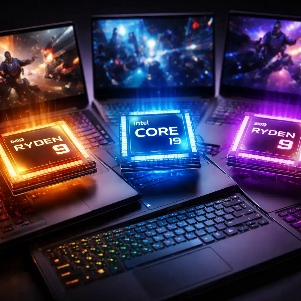 Best laptop processor for gaming comparison showing AMD Ryzen and Intel Core mobile CPUs on gaming laptops.