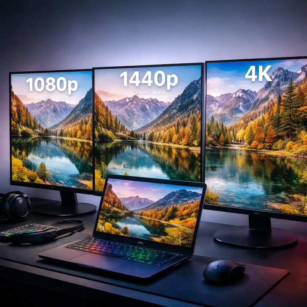 Gaming laptop connected to multiple monitors showing different image clarity on desk setup.