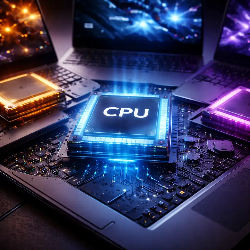 Laptop motherboard with visible CPU chip illustrating how the processor influences laptop performance and system speed.