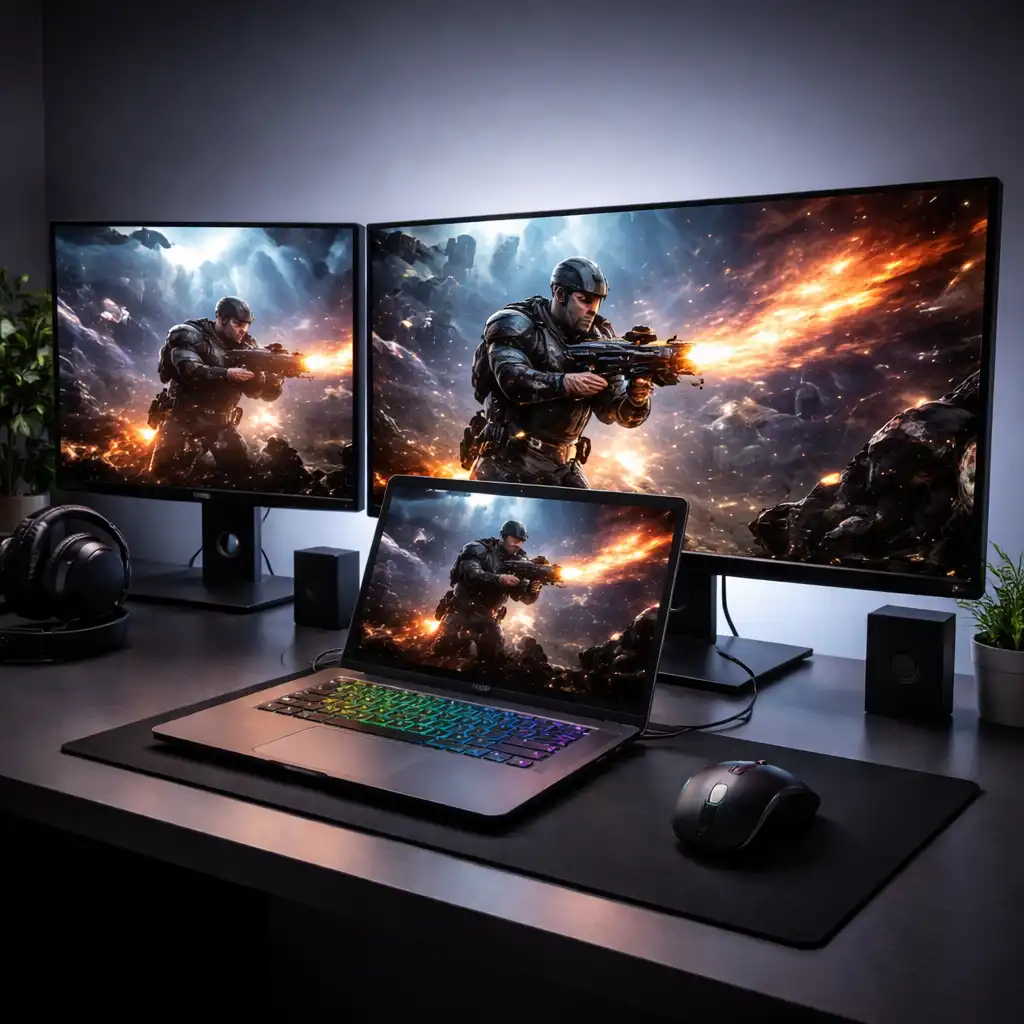 Laptop connected to dual monitors showing gaming scene with clean desk setup and peripherals.