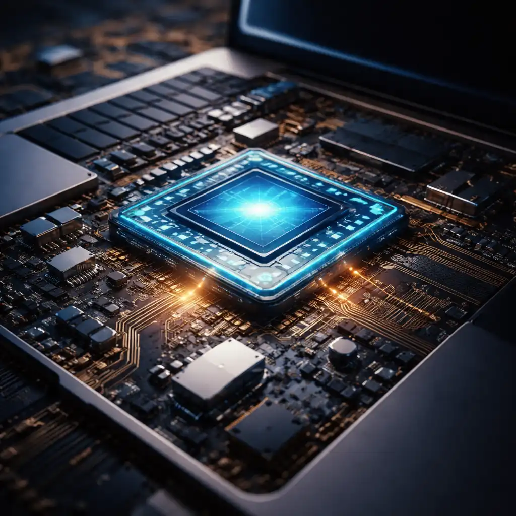 Laptop motherboard with illuminated processor chip illustrating CPU cores and laptop processor architecture.