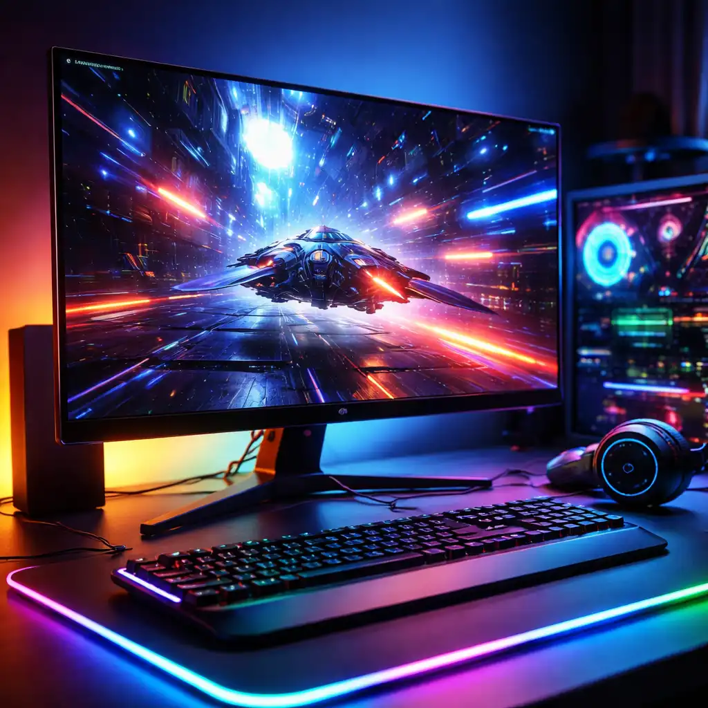 Gaming monitor setup with rgb lighting and ultrawide display on desk.