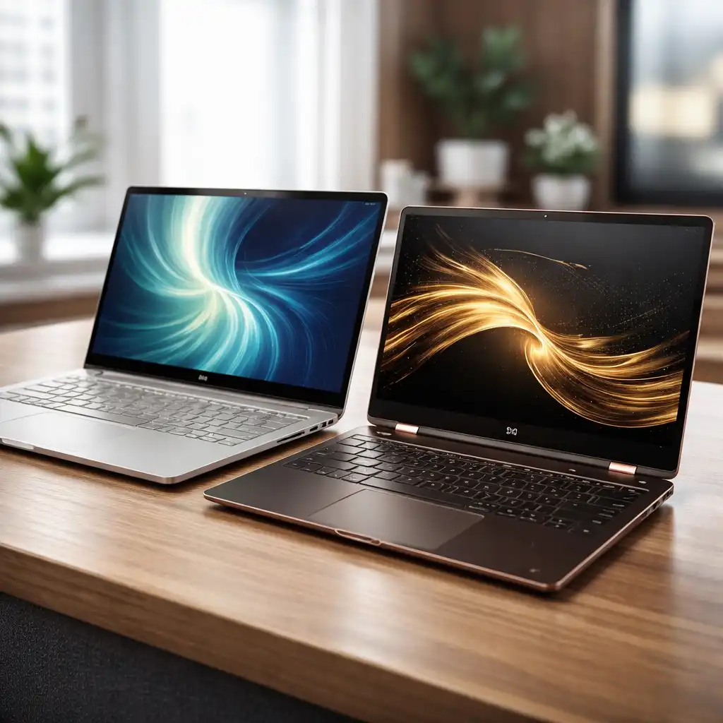 HP Envy and HP Spectre premium laptops side by side on a desk showing differences in design and display style.