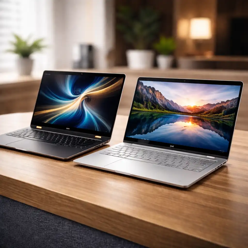 HP Spectre and Dell XPS premium laptops placed side by side on a desk, showing two slim ultrabook designs with high-resolution displays.