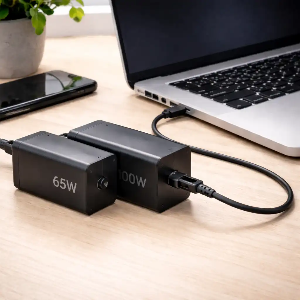 65W and 100W USB-C laptop chargers placed side by side next to a laptop on a wooden desk.