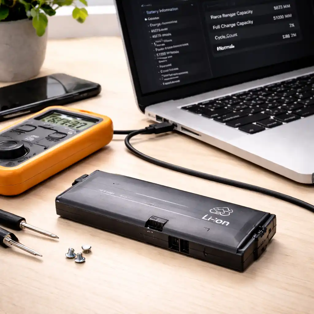 Laptop battery and tools placed beside open laptop displaying battery information screen on desk.