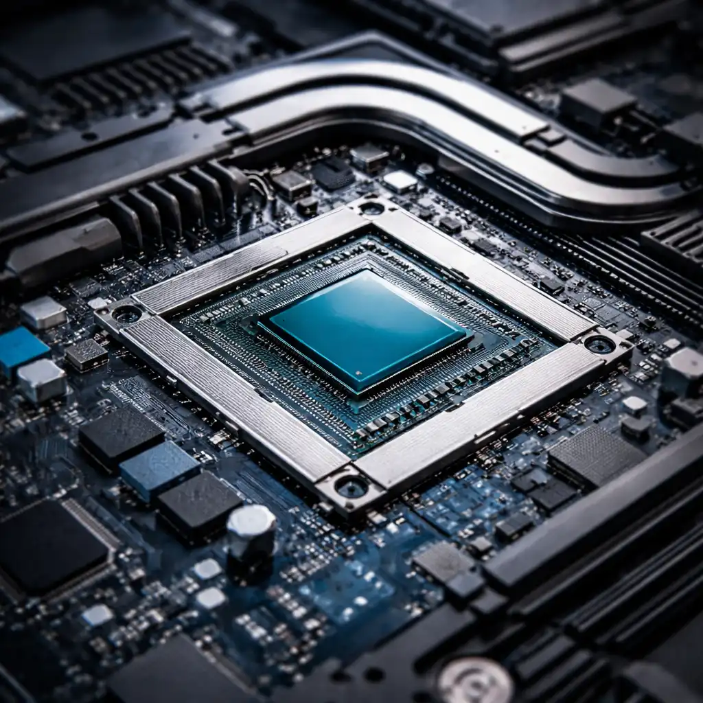 Laptop motherboard with dedicated GPU chip and cooling heat pipes visible.