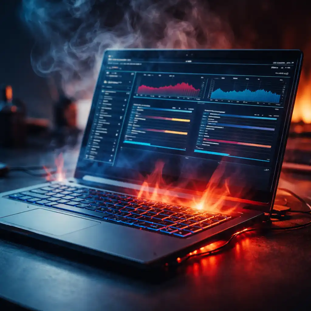 Laptop showing high CPU and GPU temperatures with heat effects illustrating laptop thermal throttling during heavy workloads.