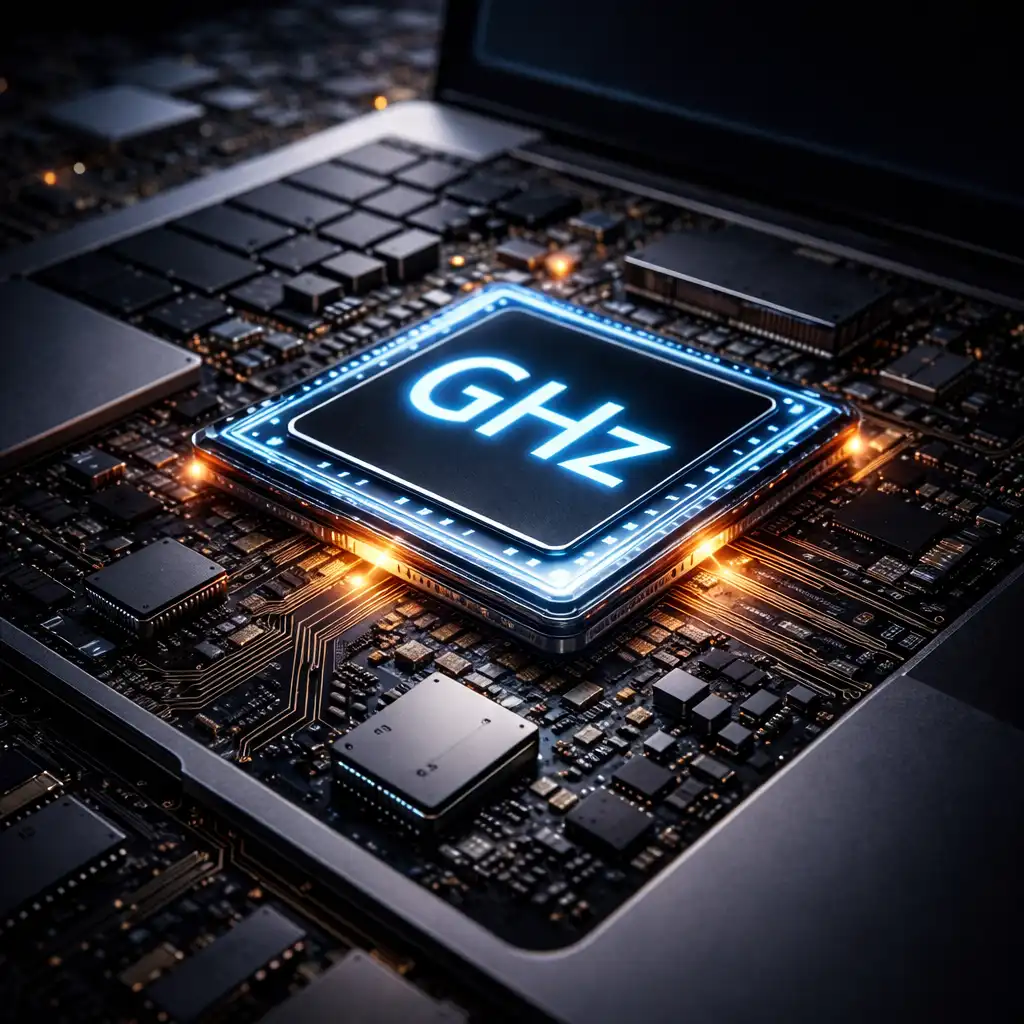 Laptop motherboard with illuminated CPU chip labeled GHz illustrating processor clock speed and laptop CPU performance.