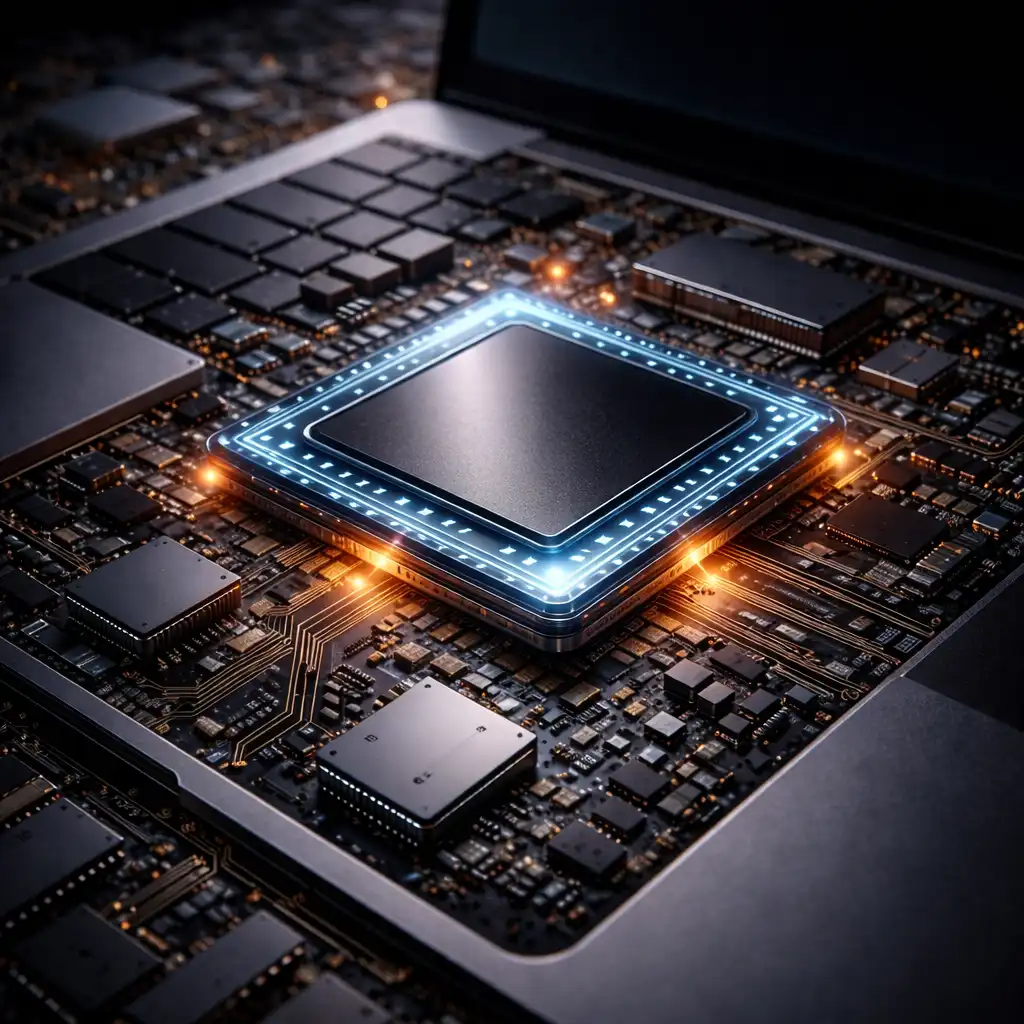 Close-up view of a laptop motherboard with the central processor chip illuminated on the circuit board.