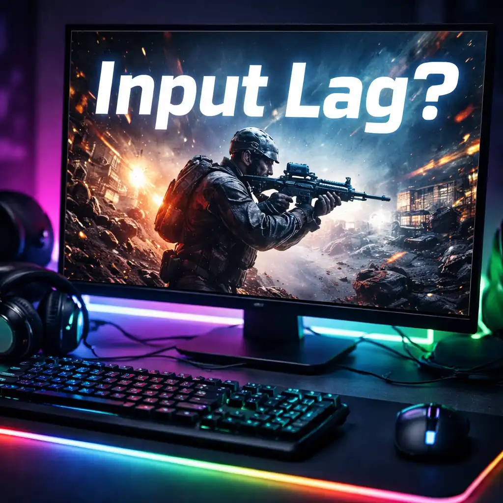 Gaming monitor displaying fast-paced action scene on RGB desk setup with keyboard, mouse, and headset.