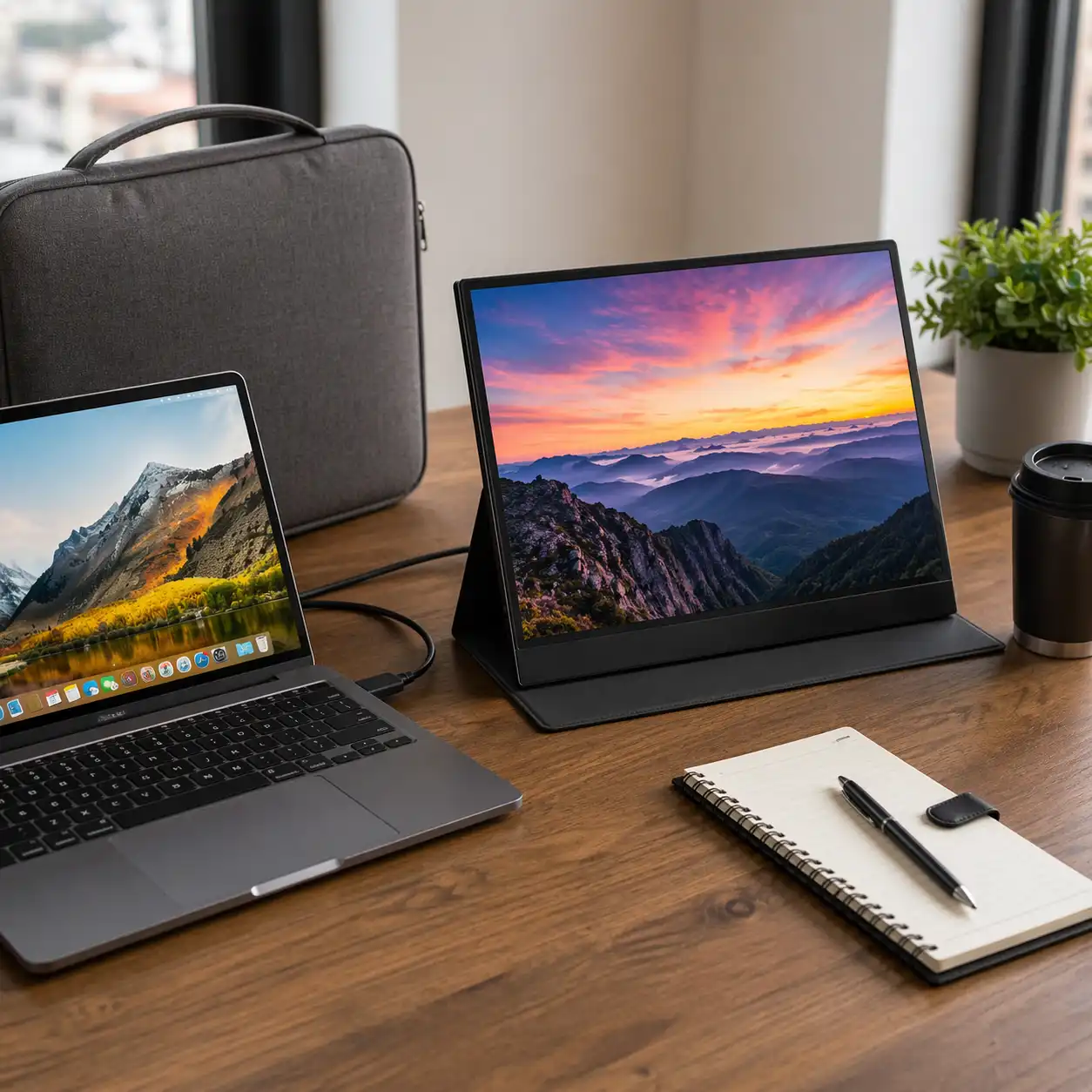 Laptop connected to portable monitor on desk with travel sleeve and accessories nearby.