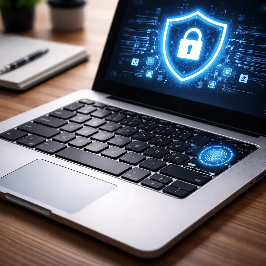 Close-up of a business laptop keyboard with a fingerprint scanner and a subtle lock icon displayed on the screen in a clean workspace setting.