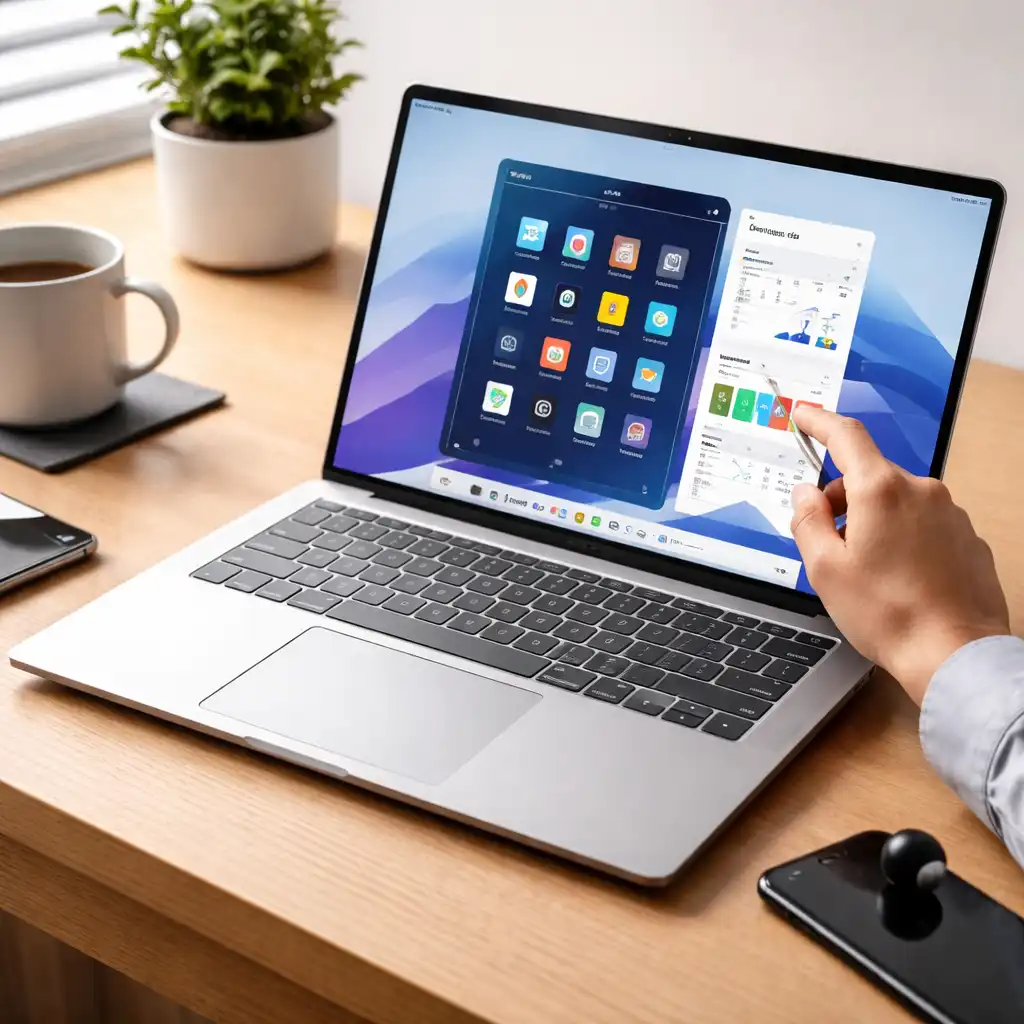 Dell inspiron style 16-inch touchscreen laptop on a desk with a hand interacting with the screen, coffee mug and accessories nearby.