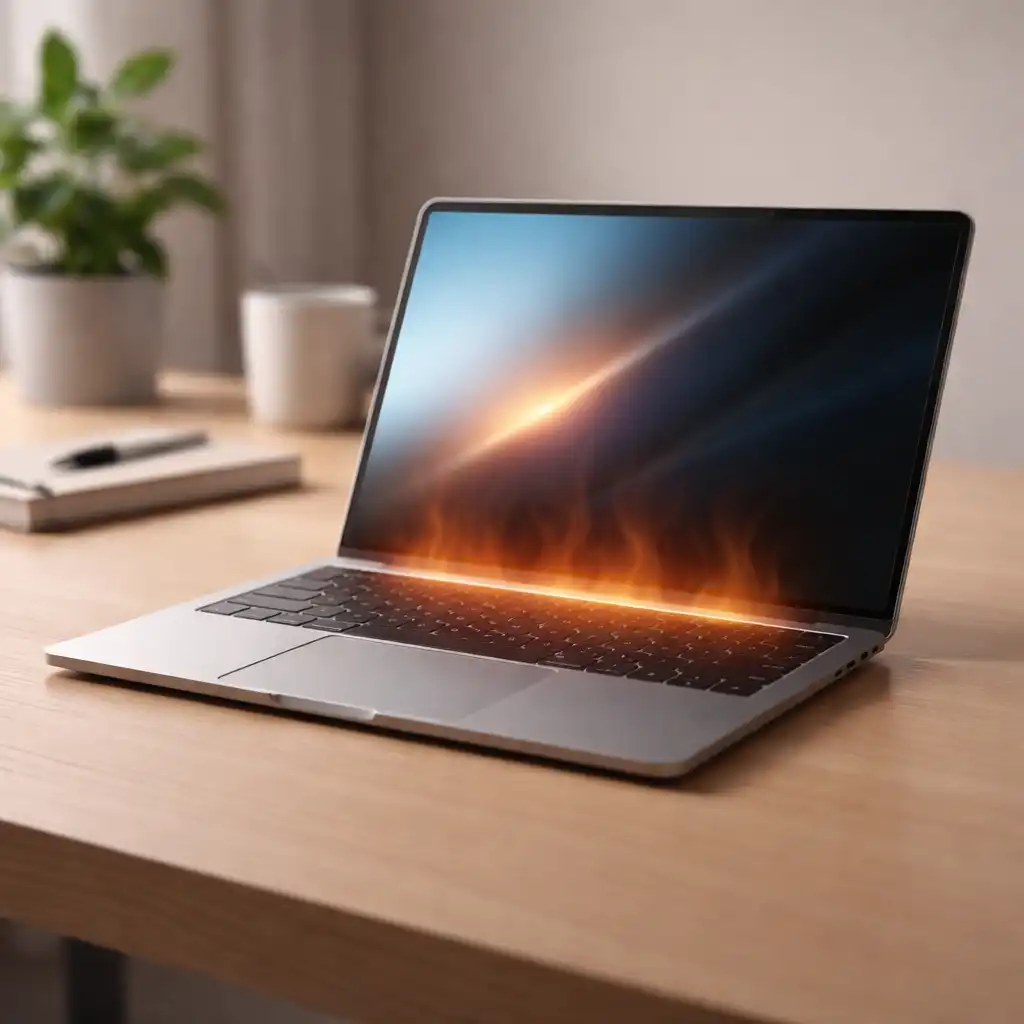 Modern slim laptop on a desk with a subtle heat glow effect rising from the keyboard area.