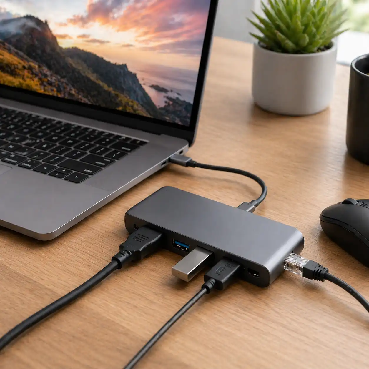 Laptop connected to usb c hub with multiple devices on desk.