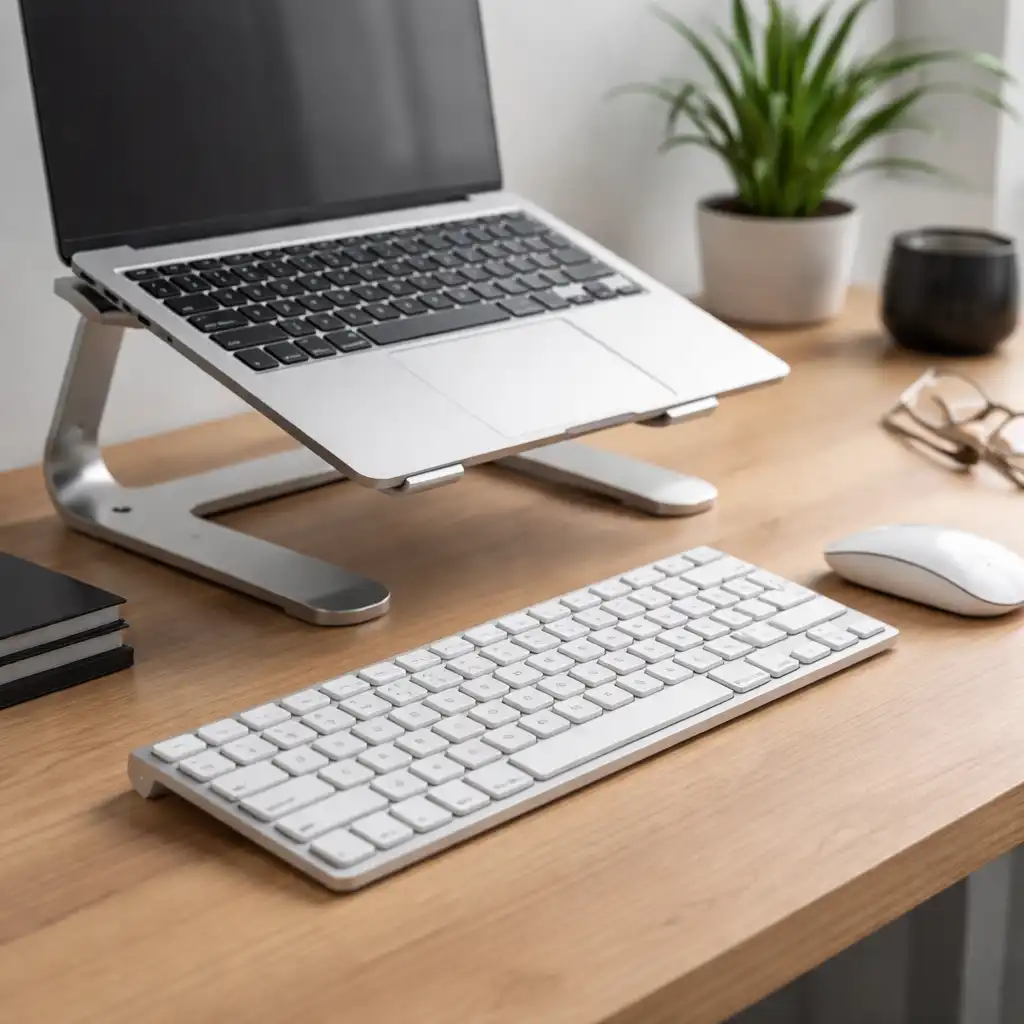 External keyboard and laptop stand desk setup for better laptop ergonomics and posture.