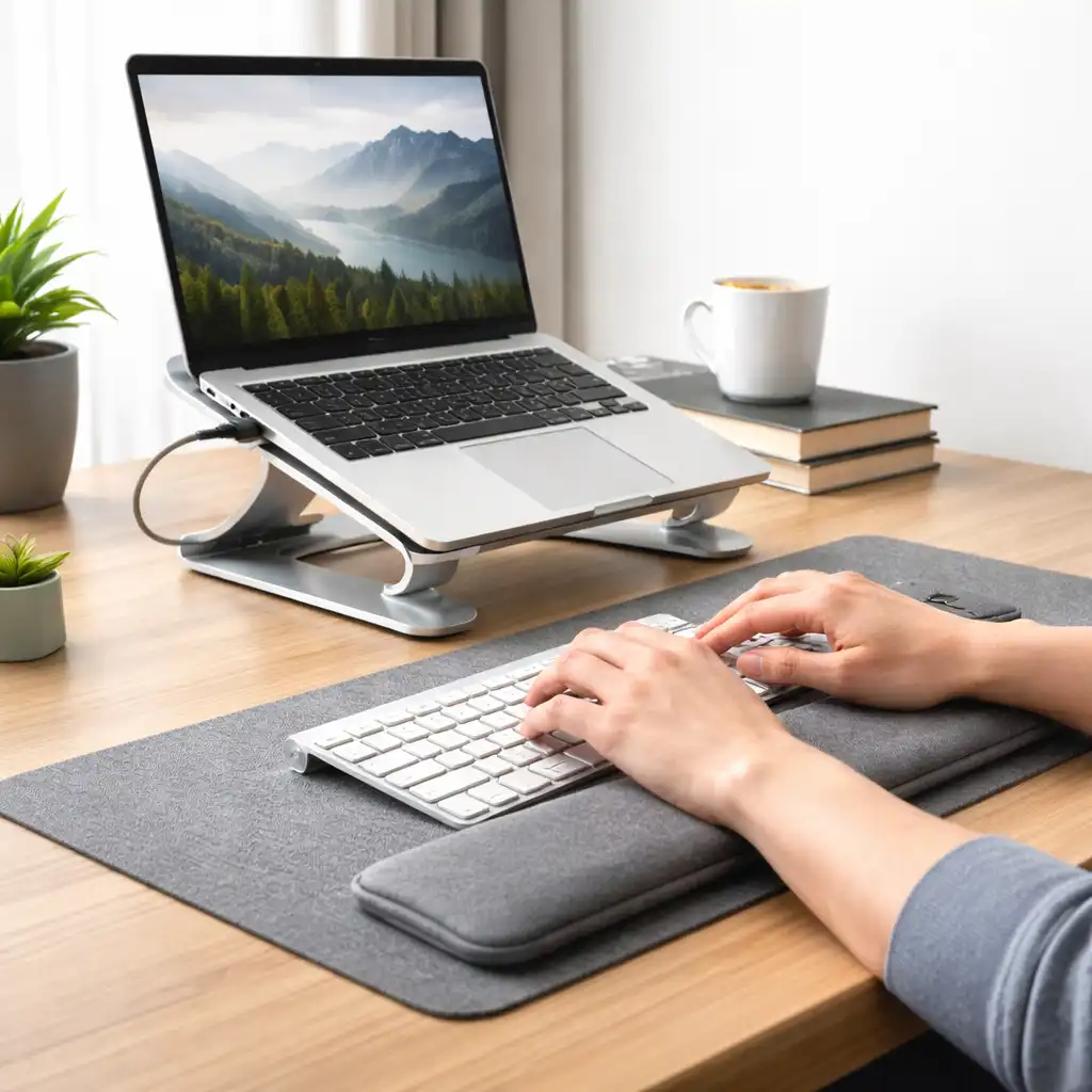 External keyboard and laptop stand setup with wrist rest supporting comfortable typing and improved wrist positioning.