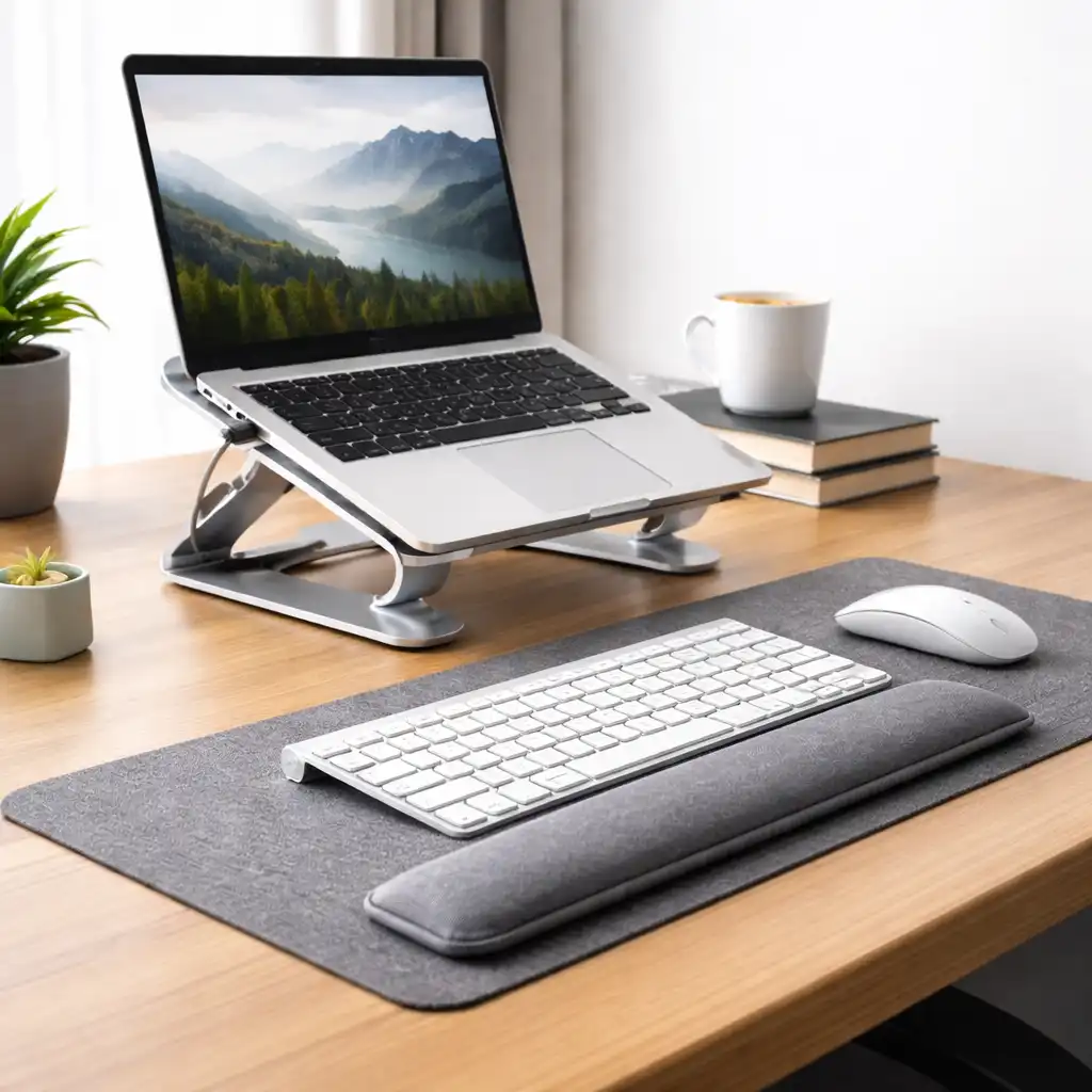 Laptop on adjustable stand with external keyboard, mouse, and wrist rest arranged for ergonomic desk work setup.