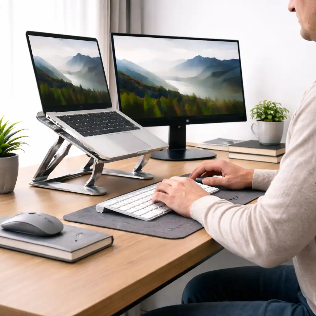 Side view of person using laptop on stand with external monitor aligned at eye level for proper ergonomic posture.