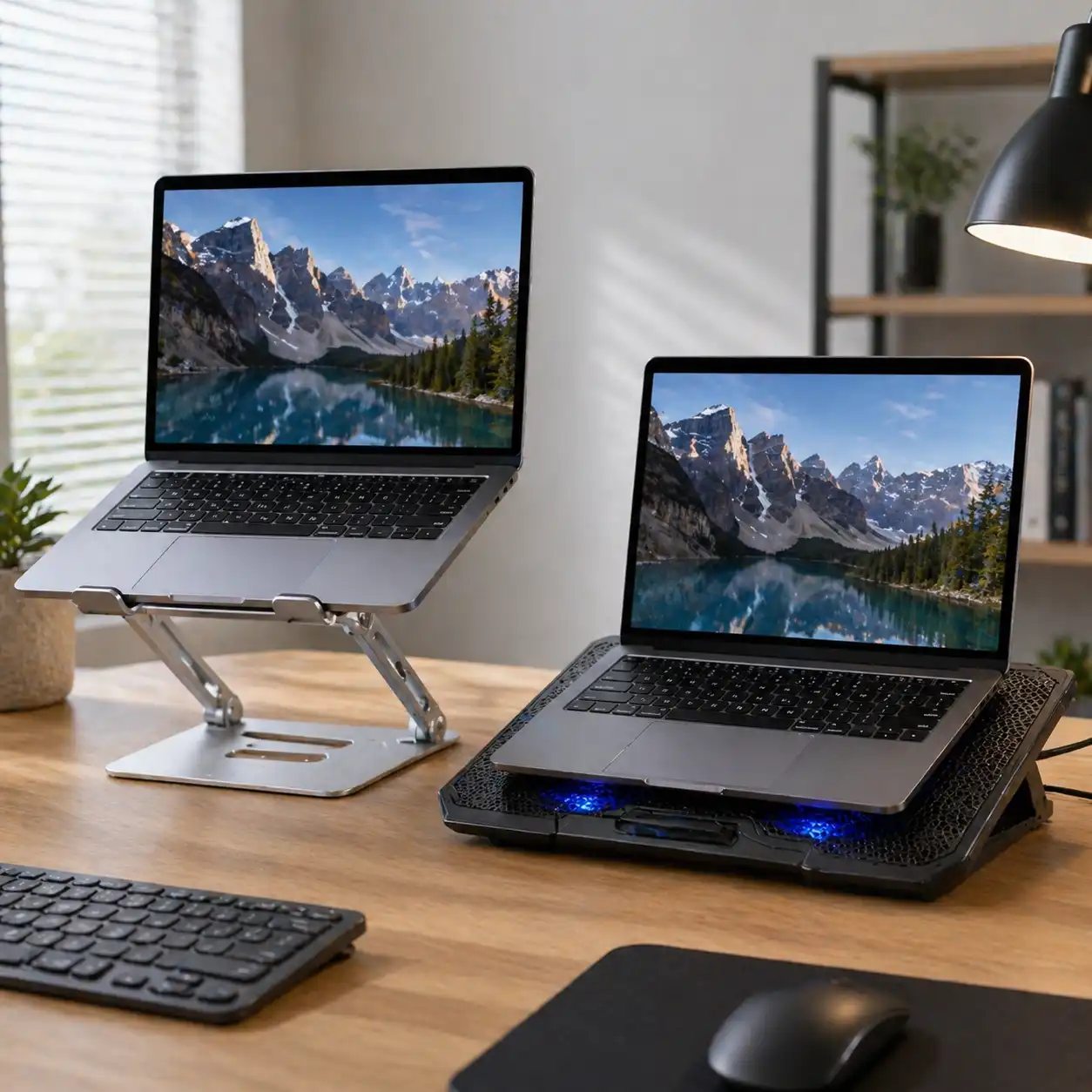 Laptop on stand next to laptop on cooling pad with fans on desk.