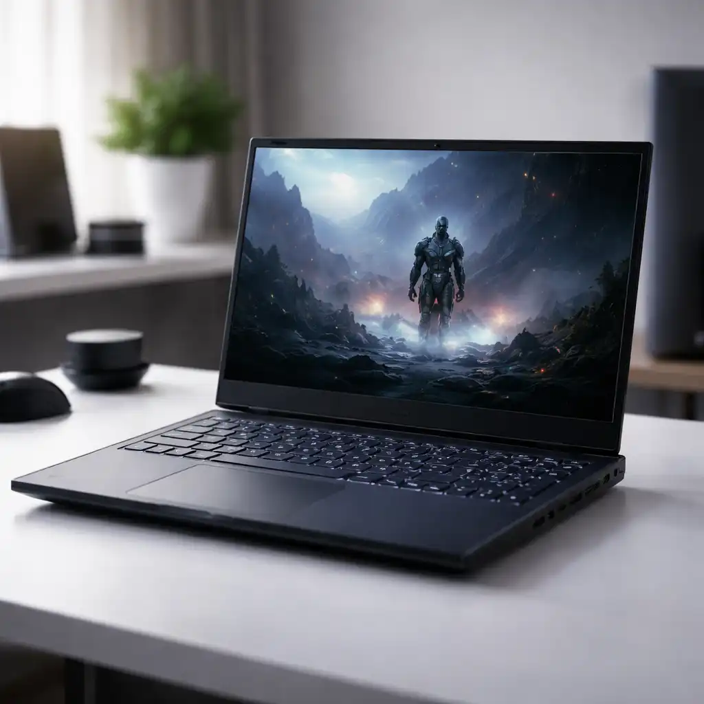 Lenovo loq style gaming laptop with backlit keyboard on a clean desk setup.