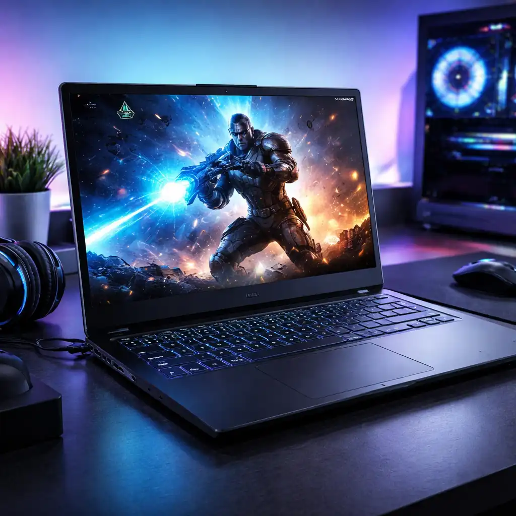 Lenovo LOQ gaming laptop with RTX 4050 on a desk setup with RGB lighting and gaming accessories.