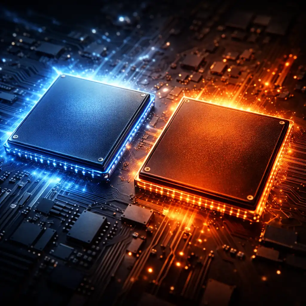 Two modern laptop processors on a circuit board with blue and orange lighting representing efficiency and performance differences.
