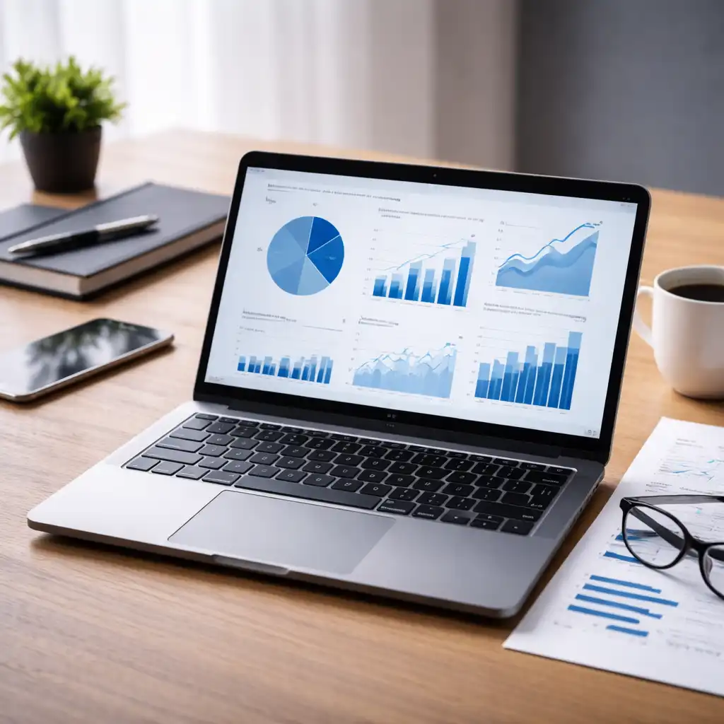 Modern business laptop on a clean desk showing a productivity workspace with documents and a professional setup.