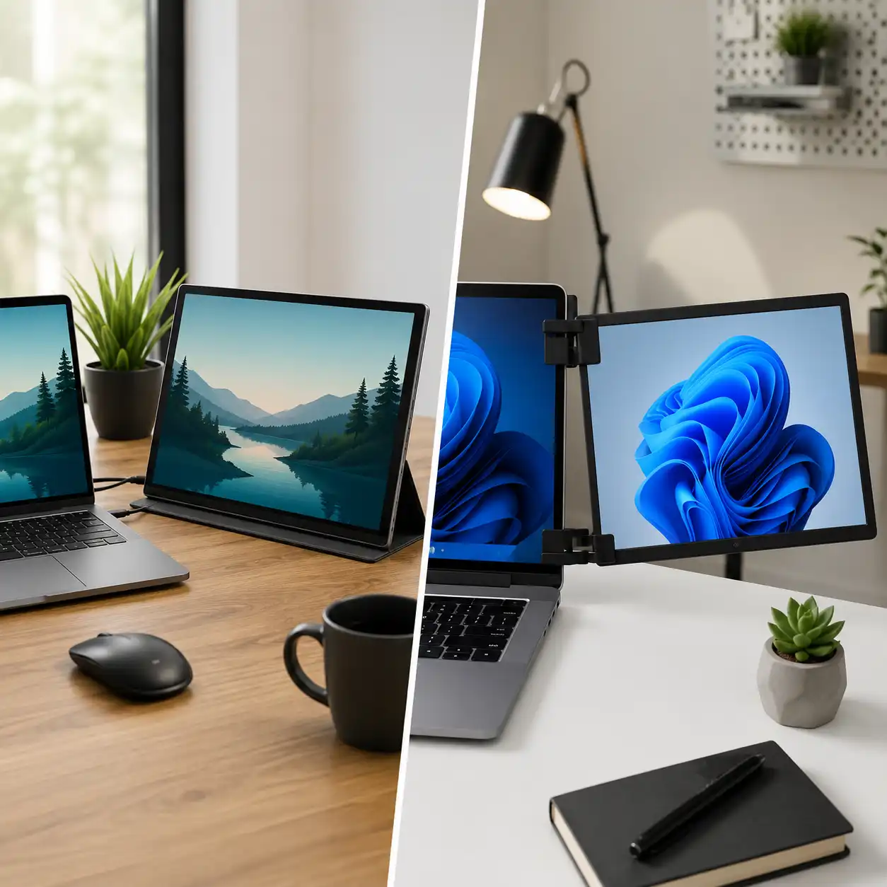 Portable monitor and laptop screen extender side by side on a modern desk setup with dual display configurations.