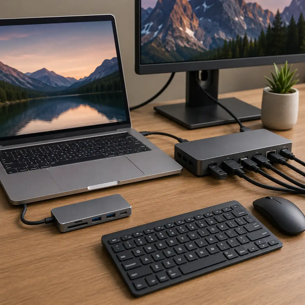 USB-C hub and docking station connected to a laptop on a modern desk setup showing connectivity differences.