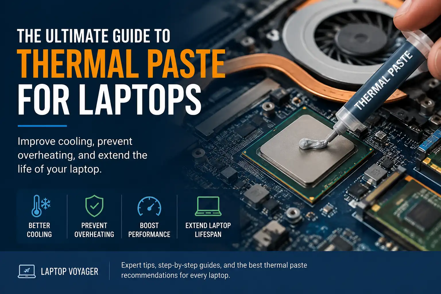 Applying thermal paste to a laptop CPU with the cooling fan and heatsink visible.