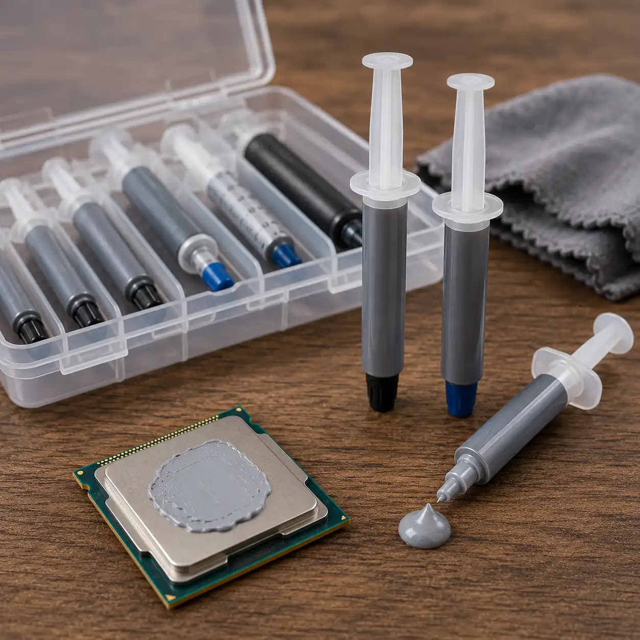 Thermal paste syringes stored beside a CPU with thermal compound applied.