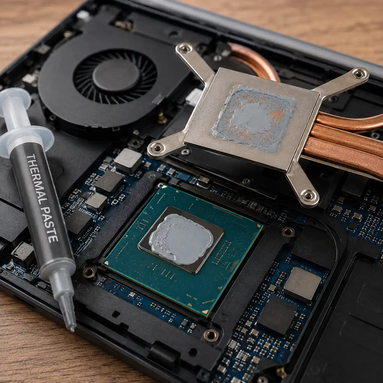 Close-up of laptop thermal paste applied to the processor beside the heatsink and cooling fan.