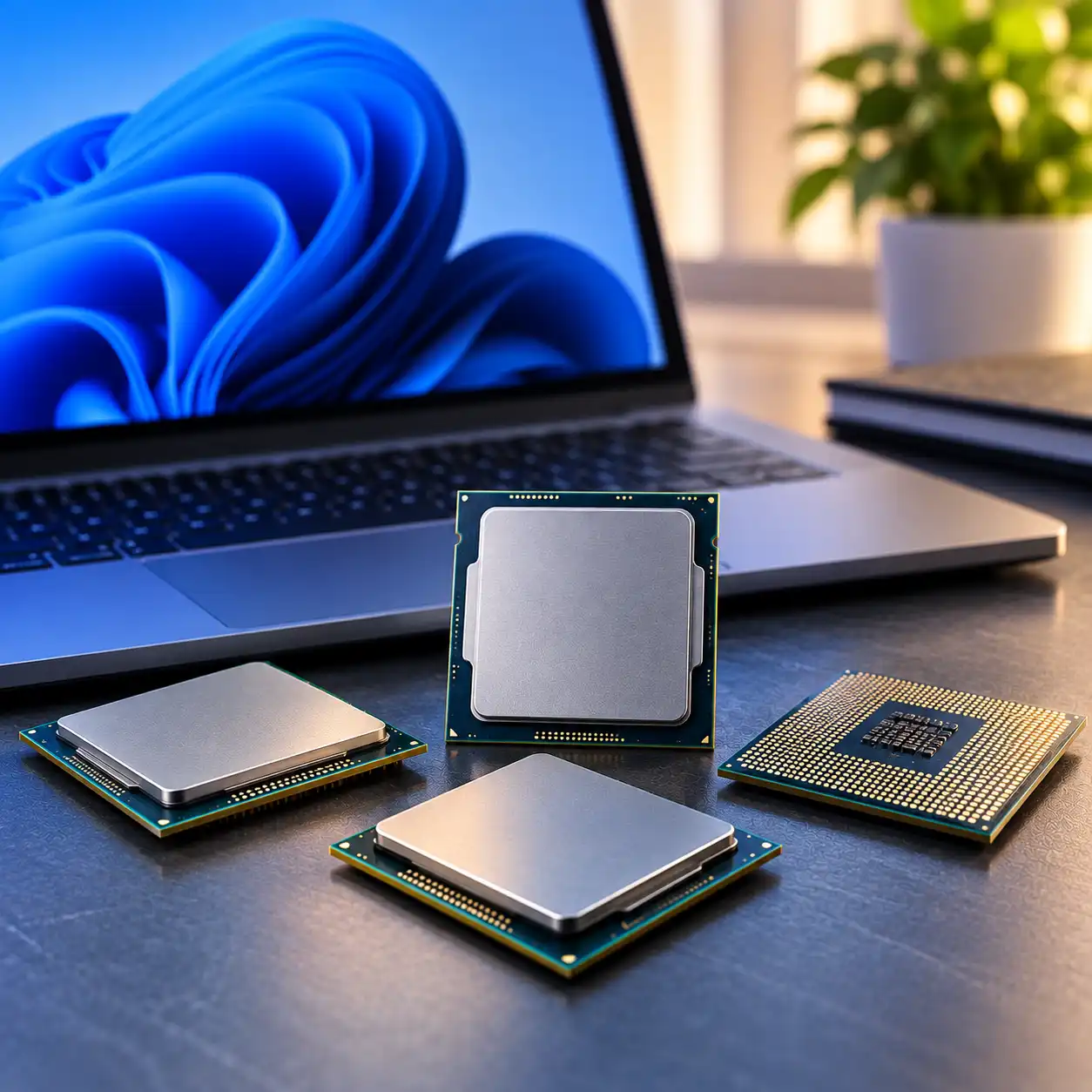 Laptop processors displayed beside a modern laptop.