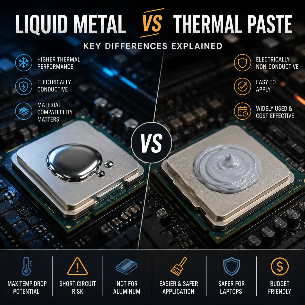 Liquid metal and conventional thermal paste applied to laptop processors for cooling comparison.