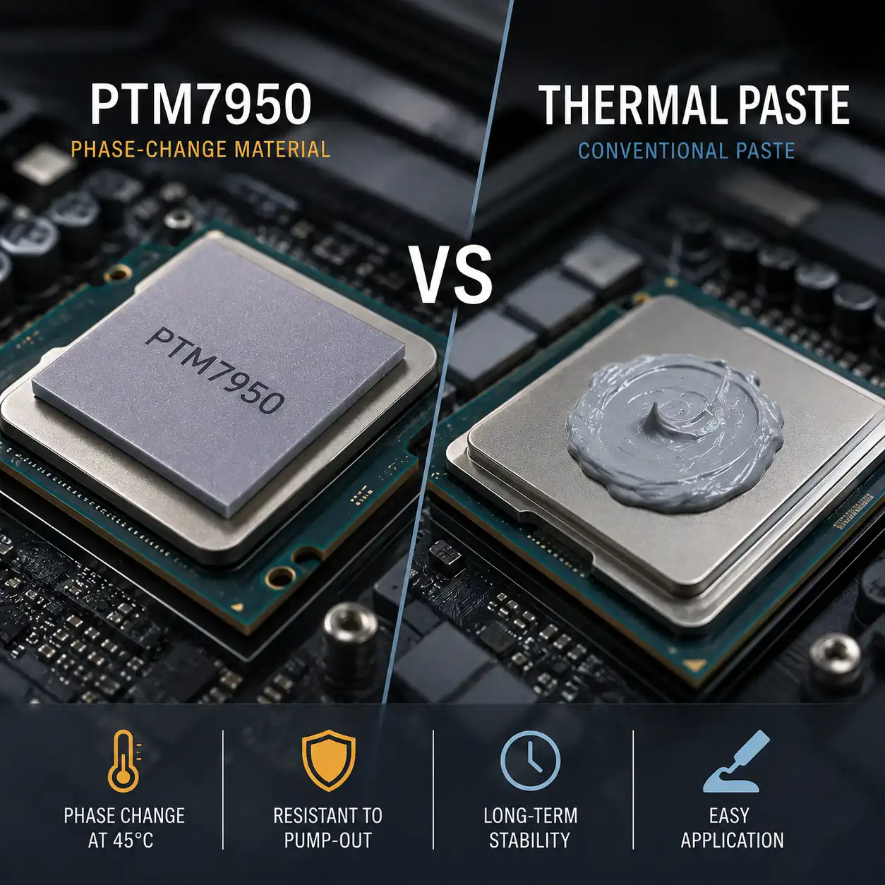 PTM7950 phase-change material and conventional thermal paste shown on laptop processors.